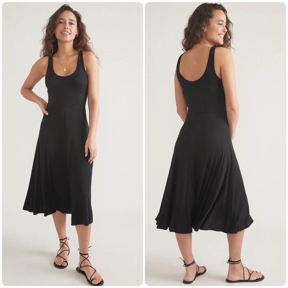 Marine Layer Womens Lexi Rib Black Fit and Flare Minimalist Midi Dress Size XL